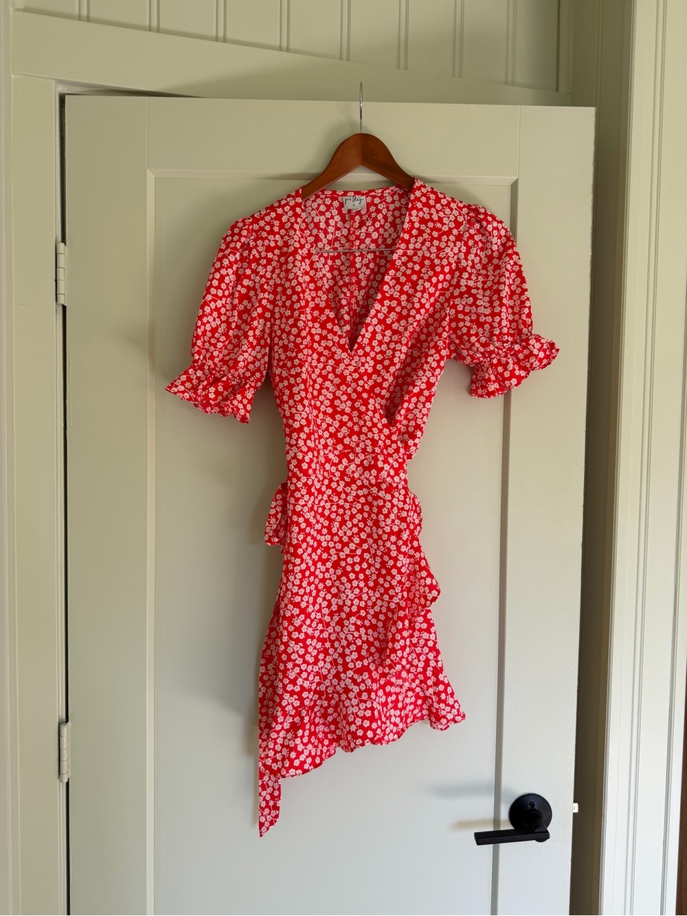 Red Floral Puff Sleeve Wrap Mini Summer Fun Flowy Party Dress Cottagecore Small